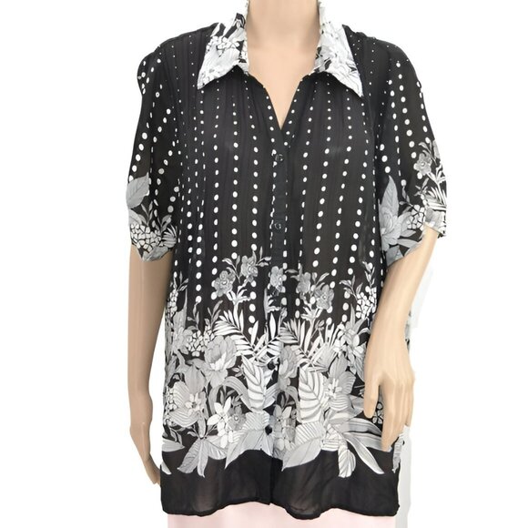 Studio 1940 Black White Floral Contrast Dot Layering Sheer Top Blouse XXL 2X - Picture 1 of 6